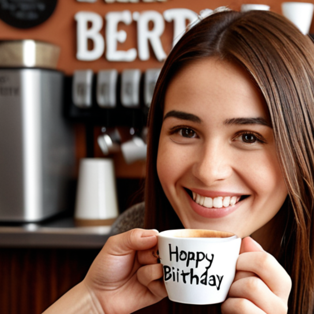 Personalized Coffee**

*Prompt:* Close-up shot of a barista handing a customer a coffee with a personalized birthday message written on the cup. Warm, inviting cafe atmosphere in the background. Focus on the smile of the customer and the detail of the message.

**