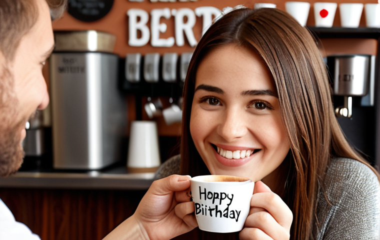Personalized Coffee**

*Prompt:* Close-up shot of a barista handing a customer a coffee with a personalized birthday message written on the cup. Warm, inviting cafe atmosphere in the background. Focus on the smile of the customer and the detail of the message.

**