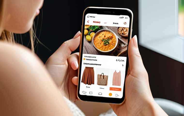 A Polish woman browsing an e-commerce website on her smartphone, showcasing personalized product recommendations. The interface should be clean and modern, with warm, inviting colors and imagery that suggests convenience and tailored shopping experiences. Emphasis on UX/UI design.