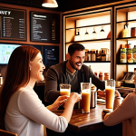 **Image of a cozy café:** *A bustling café scene, customers enjoying personalized drinks tailored to their tastes, data analytics dashboards visible in the background subtly showcasing flavor preferences, happy customers, warm lighting, inviting atmosphere.*