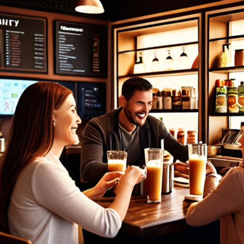 Home 25 **Image of a cozy café:** *A bustling café scene, customers enjoying personalized drinks tailored to their tastes, data analytics dashboards visible in the background subtly showcasing flavor preferences, happy customers, warm lighting, inviting atmosphere.*
