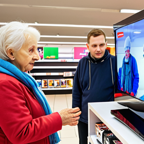 Home 23 **
*Prompt:* A friendly tech expert helping an elderly Polish woman choose a new TV in a modern electronics store in Warsaw. Focus on the warm interaction and user-friendly tech advice.
**