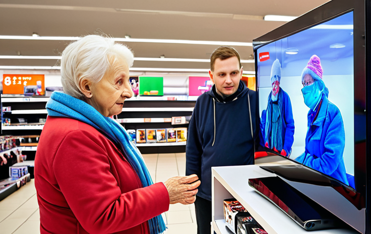 **

*Prompt:*  A friendly tech expert helping an elderly Polish woman choose a new TV in a modern electronics store in Warsaw.  Focus on the warm interaction and user-friendly tech advice.

**