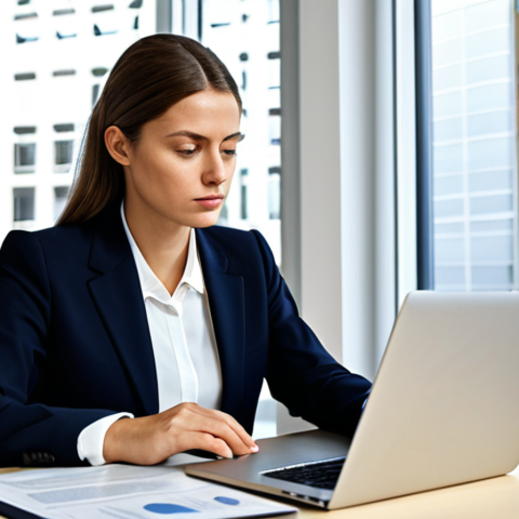 A professional businesswoman in a modest business suit, sitting at a polished desk in a modern, well-lit office. She is attentively examining legal documents and a laptop screen, which displays a digital representation of European consumer rights. The background features subtle, abstract architectural elements symbolizing international frameworks. She has perfect anatomy, correct proportions, well-formed hands, and a natural pose, conveying a sense of informed empowerment. This image is fully clothed, appropriate attire, safe for work, appropriate content, and professional.