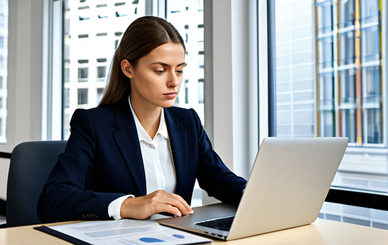 A professional businesswoman in a modest business suit, sitting at a polished desk in a modern, well-lit office. She is attentively examining legal documents and a laptop screen, which displays a digital representation of European consumer rights. The background features subtle, abstract architectural elements symbolizing international frameworks. She has perfect anatomy, correct proportions, well-formed hands, and a natural pose, conveying a sense of informed empowerment. This image is fully clothed, appropriate attire, safe for work, appropriate content, and professional.