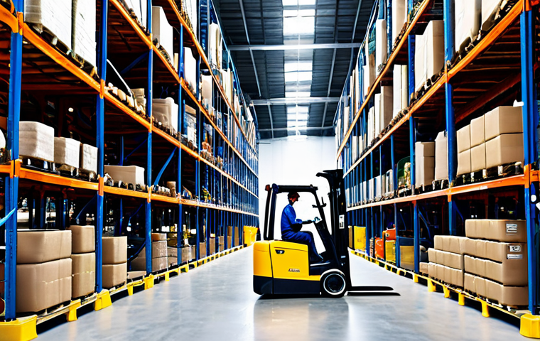 Sustainable Supply Chain**
"A brightly lit warehouse scene, showcasing efficient organization of eco-friendly products like cleaning supplies and organic food, fully clothed workers operating electric forklifts, safe for work, appropriate content, professional logistics, focus on minimizing waste, organized shelves, perfect anatomy, natural proportions, high quality."
**