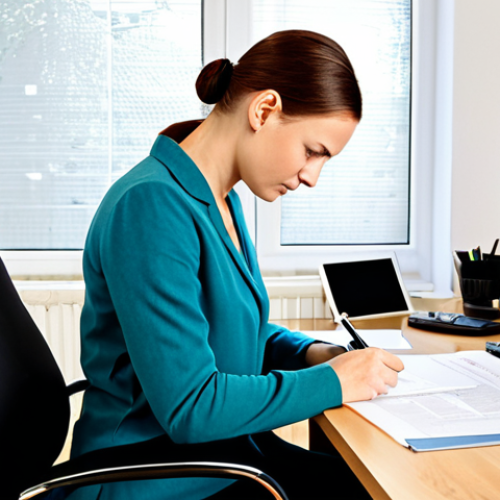Home 26 Filing a Complaint**
A person in a well-lit, modern home office sits at a desk, fully clothed in appropriate attire. They are carefully writing a complaint letter. A laptop displays a document template related to consumer rights in Polish. Around the desk are common household items and documents. safe for work, professional, correct proportions, perfect anatomy, high quality, appropriate content, fully clothed, family-friendly.
**
