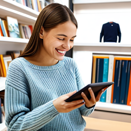 Home 24 Personalized Shopping Experience**
"A young woman smiling, browsing an online store on her tablet, fully clothed in a comfortable sweater and jeans, the store's website showing personalized recommendations tailored to her interests (books, movies, travel destinations), bright and inviting atmosphere, safe for work, appropriate content, perfect anatomy, natural pose, professional, modest."
**