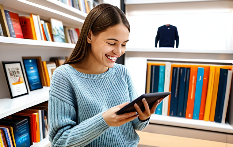 Personalized Shopping Experience**
"A young woman smiling, browsing an online store on her tablet, fully clothed in a comfortable sweater and jeans, the store's website showing personalized recommendations tailored to her interests (books, movies, travel destinations), bright and inviting atmosphere, safe for work, appropriate content, perfect anatomy, natural pose, professional, modest."
**