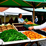 Sustainable Food Sourcing**

"A vibrant farmer's market scene in Kraków, Poland. A friendly female vendor in modest, traditional Polish clothing is offering fresh produce. Customers are selecting organic vegetables. Background shows the historic market square. Focus on the quality of the produce and the warmth of the interaction. Safe for work, appropriate content, fully clothed, family-friendly, professional photography, perfect anatomy, natural proportions, well-formed hands."

**