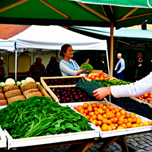 Home 23 Sustainable Food Sourcing**
"A vibrant farmer's market scene in Kraków, Poland. A friendly female vendor in modest, traditional Polish clothing is offering fresh produce. Customers are selecting organic vegetables. Background shows the historic market square. Focus on the quality of the produce and the warmth of the interaction. Safe for work, appropriate content, fully clothed, family-friendly, professional photography, perfect anatomy, natural proportions, well-formed hands."
**