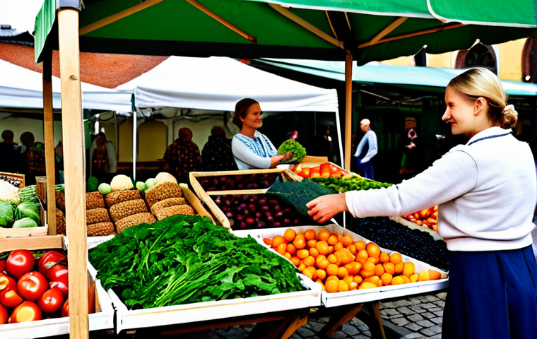 Sustainable Food Sourcing**
"A vibrant farmer's market scene in Kraków, Poland. A friendly female vendor in modest, traditional Polish clothing is offering fresh produce. Customers are selecting organic vegetables. Background shows the historic market square. Focus on the quality of the produce and the warmth of the interaction. Safe for work, appropriate content, fully clothed, family-friendly, professional photography, perfect anatomy, natural proportions, well-formed hands."
**