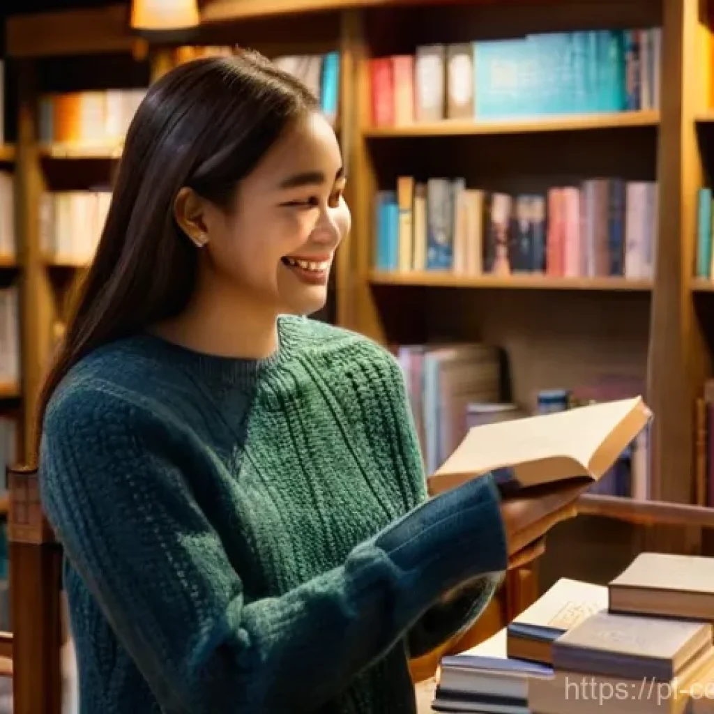 소비자중심 경영의 실행 사례 - **Prompt:** A heartwarming scene inside a cozy, independent bookstore. A young woman, dressed in a f...