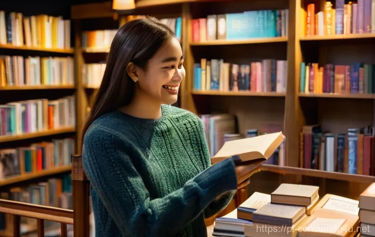 소비자중심 경영의 실행 사례 - **Prompt:** A heartwarming scene inside a cozy, independent bookstore. A young woman, dressed in a f...