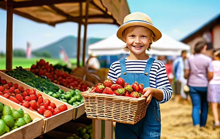 소비자 행동 연구와 응용 사례 - **Prompt:** "A bustling, vibrant outdoor farmers market in a charming Polish village. A young, smili...