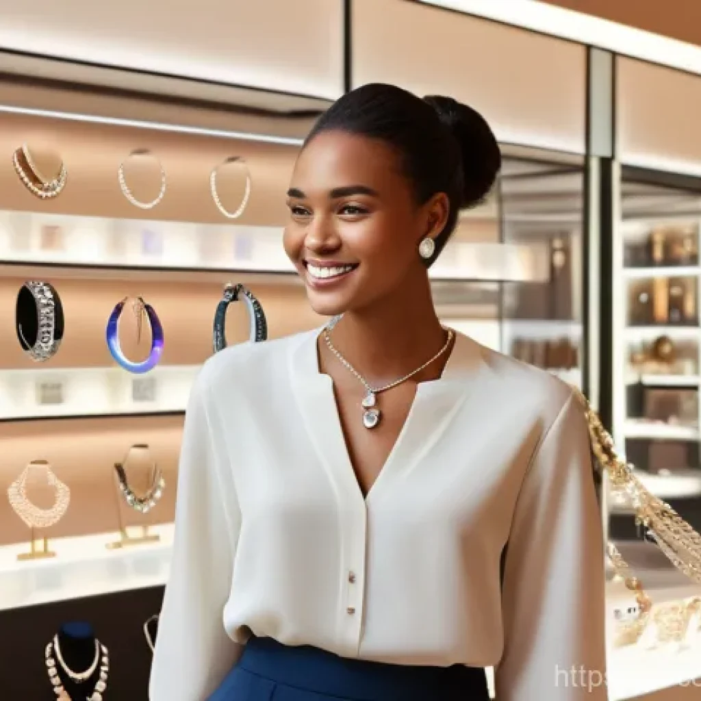 소비자 행동 데이터를 활용한 디지털 전환 사례 - A warmly lit, modern boutique displaying artisan jewelry. A young woman, dressed stylishly in a mode...
