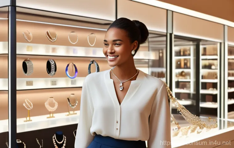 소비자 행동 데이터를 활용한 디지털 전환 사례 - A warmly lit, modern boutique displaying artisan jewelry. A young woman, dressed stylishly in a mode...