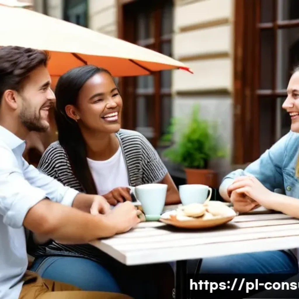 소비자 행동 데이터 시각화 사례 - **Prompt:** A group of diverse young adults in their early twenties are gathered at an outdoor cafe ...