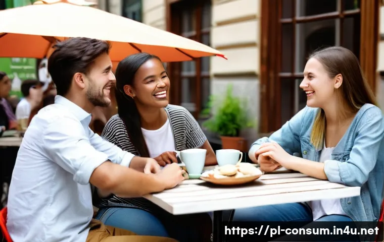 소비자 행동 데이터 시각화 사례 - **Prompt:** A group of diverse young adults in their early twenties are gathered at an outdoor cafe ...