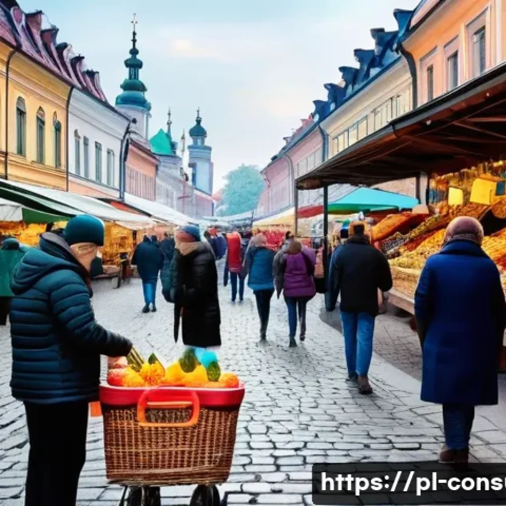 소비자 피해 예방을 위한 실무 가이드 - A busy Polish marketplace scene showing cautious consumers examining products carefully before purch...