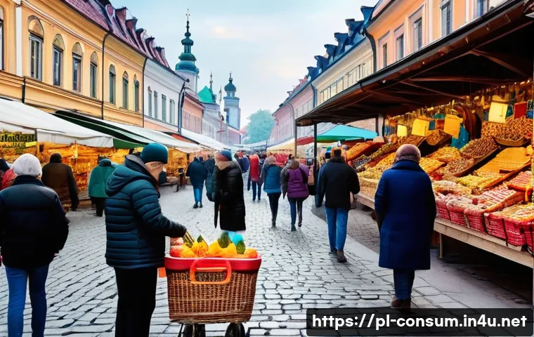 소비자 피해 예방을 위한 실무 가이드 - A busy Polish marketplace scene showing cautious consumers examining products carefully before purch...