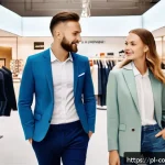 Home 22 소비자 행동 데이터를 활용한 혁신 사례 - A modern Polish clothing store interior showcasing two distinct customer groups: one group dressed i...