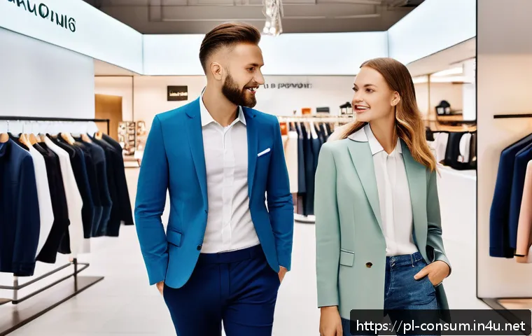 소비자 행동 데이터를 활용한 혁신 사례 - A modern Polish clothing store interior showcasing two distinct customer groups: one group dressed i...
