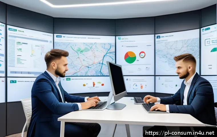소비자중심 경영과 디지털 혁신의 연계 전략과 성공 사례 분석 - A modern Polish e-commerce office environment with diverse professionals analyzing big data on multi...