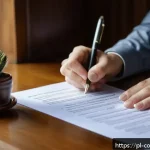 Home 19 소비자 피해 예방을 위한 실무 사례 - A detailed scene of a cautious Polish consumer carefully reading a lengthy contract at a wooden desk...