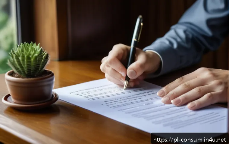 소비자 피해 예방을 위한 실무 사례 - A detailed scene of a cautious Polish consumer carefully reading a lengthy contract at a wooden desk...