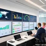 Home 18 소비자 행동 데이터를 활용한 분석 기법 - A modern office setting featuring a diverse group of marketing professionals analyzing large digital...