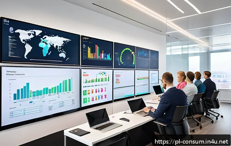 소비자 행동 데이터를 활용한 분석 기법 - A modern office setting featuring a diverse group of marketing professionals analyzing large digital...
