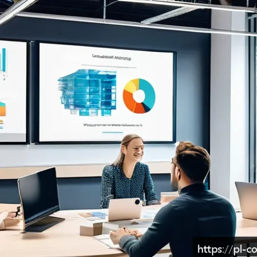 Home 17 소비자 행동 데이터를 활용한 신제품 개발 - A modern product development team collaborating in a bright, spacious office with multiple digital s...