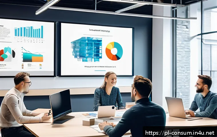 소비자 행동 데이터를 활용한 신제품 개발 - A modern product development team collaborating in a bright, spacious office with multiple digital s...