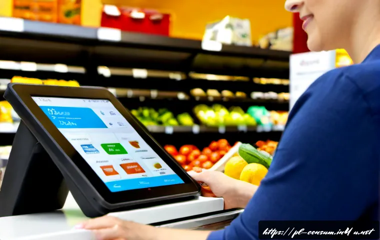 Home 17 소비자 행동 데이터를 활용한 혁신 모델 - Photorealistic modern Polish grocery store checkout, a diverse adult shopper using a contactless pay...
