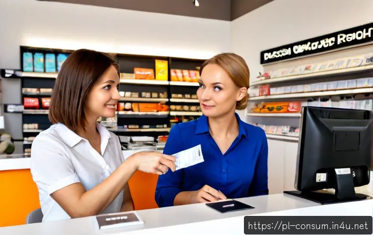 소비자 불만 처리와 고객 만족도 향상 - Photorealistic customer service scene in a modern Polish retail store, friendly employee in smart ca...