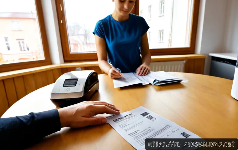 소비자 보호법 사례별 대응 가이드 - Photorealistic Polish consumer at a bright kitchen table examining a faulty small home appliance bes...
